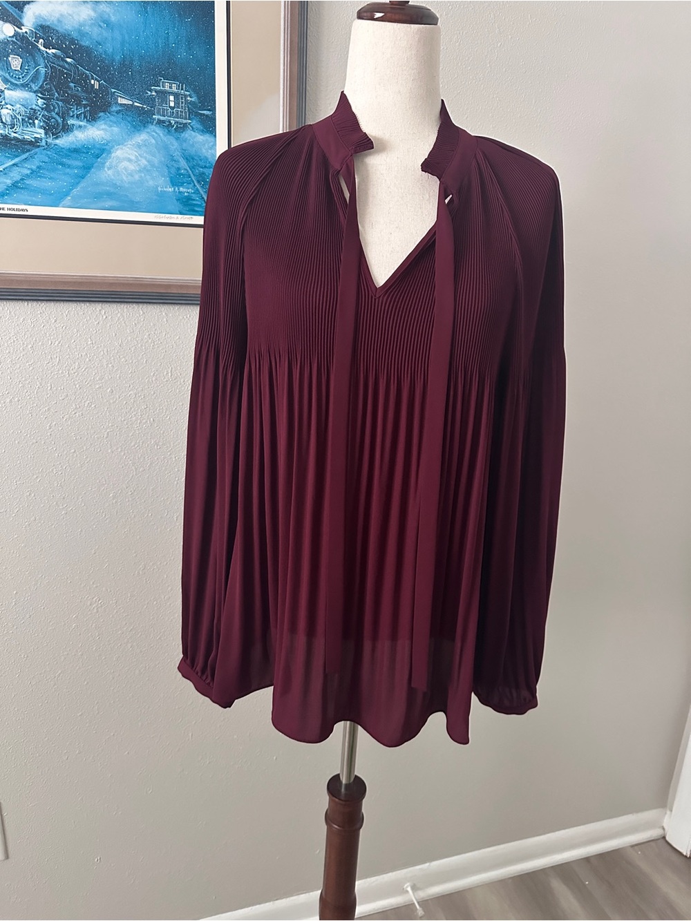 Ralph Lauren Deep Wine Pleated Tie-Neck Blouse